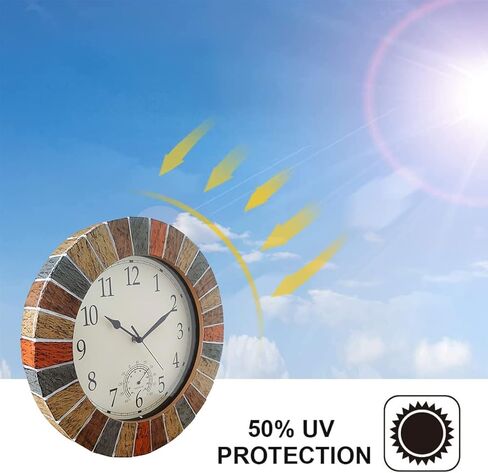 ساعة UMEXUS الداخلية والخارجية ومقياس الحرارة، ساعات حائط كبيرة مقاومة للماء مقاس 13 بوصة، ساعة مقاومة للطقس تعمل بالبطارية الصامتة الرجعية للفناء وحمام السباحة ولاناي والسياج والشرفة والحديقة (بني) in Kuwait