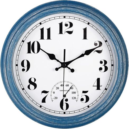 jenlystime 12 بوصة داخلي / خارجي ساعة حائط مقاومة للماء مع ميزان حرارة صامت مستدير بطارية كوارتز تعمل سهلة القراءة ديكور لفناء المطبخ والحمام والسطح والشرفة والمسبح (أزرق) in Kuwait