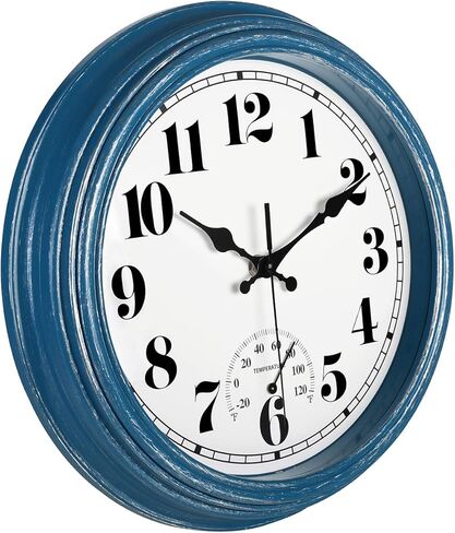 jenlystime 12 بوصة داخلي / خارجي ساعة حائط مقاومة للماء مع ميزان حرارة صامت مستدير بطارية كوارتز تعمل سهلة القراءة ديكور لفناء المطبخ والحمام والسطح والشرفة والمسبح (أزرق) in Kuwait
