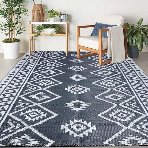 Outdoor Rugs - Reversible Mats, 5'x8' Plastic Straw Rug for Patio Clearance Waterproof, Indoor Outdoor Area Rug Carpet for Outside, RV, Deck, Picnic, Beach, Trailer, Camping, Black & Brown in Kuwait