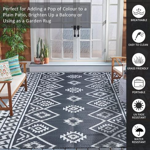 Outdoor Rugs - Reversible Mats, 5'x8' Plastic Straw Rug for Patio Clearance Waterproof, Indoor Outdoor Area Rug Carpet for Outside, RV, Deck, Picnic, Beach, Trailer, Camping, Black & Brown in Kuwait