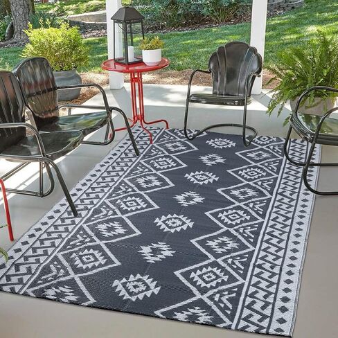 Outdoor Rugs - Reversible Mats, 5'x8' Plastic Straw Rug for Patio Clearance Waterproof, Indoor Outdoor Area Rug Carpet for Outside, RV, Deck, Picnic, Beach, Trailer, Camping, Black & Brown in Kuwait
