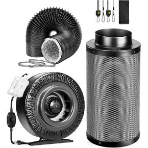 VIVOSUN 4 Inch 203 CFM Inline Fan with Speed Controller and Leather Sheath, 4 Inch Carbon Filter and 8 Feet of Ducting, Air Filtration Combo for Grow Tent Ventilation