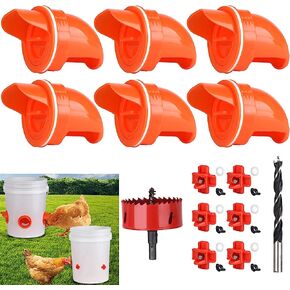 مجموعة أدوات تغذية الدجاج ومياه الدجاج الأوتوماتيكية من Diggtek بدون نفايات، 6 منافذ مع 6 حلمات مياه للدجاج، مجموعة أدوات تغذية الدواجن المقاومة للقوارض والمطر للدلاء والبراميل والصناديق والأحواض in Kuwait