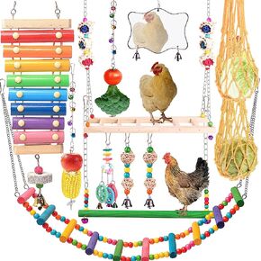 KAKUNM Chicken Toys for Coop 12PCS, Chicken Xylophone, Chicken Swing Set, Chicken Mirror Toy, Chicken Flexible Ladder, Chicken Vegetable String Bag and Hanging Feeder, Chicken coop Toys for hens