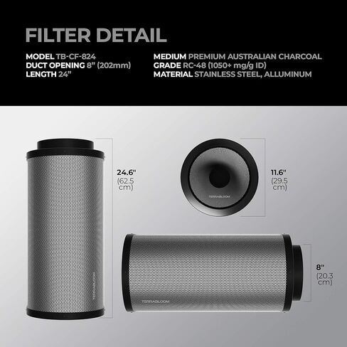 TerraBloom Carbon Filter 8" x 24", 46mm Thick Charcoal Bed, Airflow up to 750 CFM. Premium Carbon Air Filtration From Odors, VOCs, Chemical Smells for Grow Tents, Homes, Commercial Applications in Kuwait