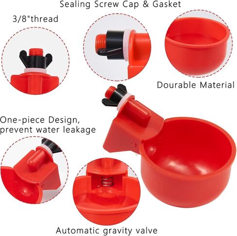 Chicken Waterer Cups 8 Pack Automatic Chicken Water Cups for Poultry LANARP Float Style Gravity Chicken Watering System, Water Feeder Kit, 5 Gallon with Mounting Hole Opener in Saudi Arabia