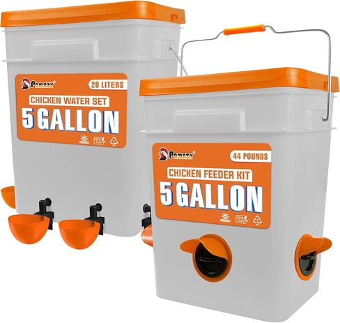 مجموعة تغذية الدجاج الأوتوماتيكية سعة 5 جالون/44 رطلاً (دلاء)، منفذ تغذية الدجاج وكوب الماء بدون نفايات، وحدة تغذية الدواجن مقاومة للمطر، تجنب الحيوانات الصغيرة. مناسبة للدجاج والبط وتركيا in Kuwait