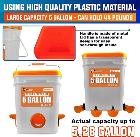 مجموعة تغذية الدجاج الأوتوماتيكية سعة 5 جالون/44 رطلاً (دلاء)، منفذ تغذية الدجاج وكوب الماء بدون نفايات، وحدة تغذية الدواجن مقاومة للمطر، تجنب الحيوانات الصغيرة. مناسبة للدجاج والبط وتركيا in Kuwait