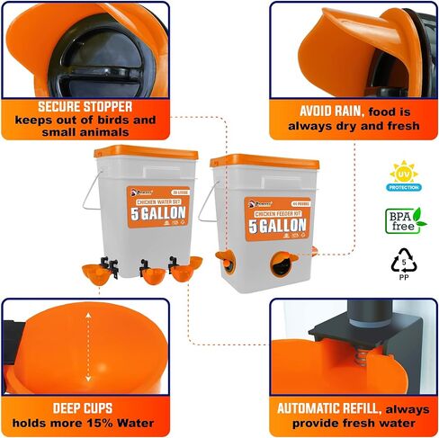 مجموعة تغذية الدجاج الأوتوماتيكية سعة 5 جالون/44 رطلاً (دلاء)، منفذ تغذية الدجاج وكوب الماء بدون نفايات، وحدة تغذية الدواجن مقاومة للمطر، تجنب الحيوانات الصغيرة. مناسبة للدجاج والبط وتركيا in Kuwait