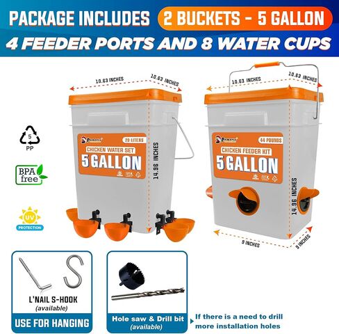 مجموعة تغذية الدجاج الأوتوماتيكية سعة 5 جالون/44 رطلاً (دلاء)، منفذ تغذية الدجاج وكوب الماء بدون نفايات، وحدة تغذية الدواجن مقاومة للمطر، تجنب الحيوانات الصغيرة. مناسبة للدجاج والبط وتركيا in Kuwait