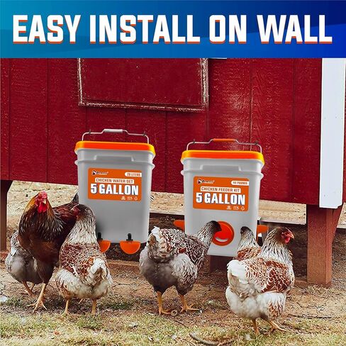 مجموعة تغذية الدجاج الأوتوماتيكية سعة 5 جالون/44 رطلاً (دلاء)، منفذ تغذية الدجاج وكوب الماء بدون نفايات، وحدة تغذية الدواجن مقاومة للمطر، تجنب الحيوانات الصغيرة. مناسبة للدجاج والبط وتركيا in Kuwait