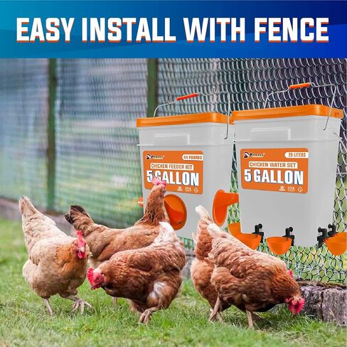 مجموعة تغذية الدجاج الأوتوماتيكية سعة 5 جالون/44 رطلاً (دلاء)، منفذ تغذية الدجاج وكوب الماء بدون نفايات، وحدة تغذية الدواجن مقاومة للمطر، تجنب الحيوانات الصغيرة. مناسبة للدجاج والبط وتركيا in Kuwait
