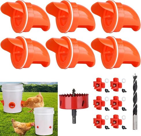 مجموعة أدوات تغذية الدجاج ومياه الدجاج الأوتوماتيكية من Diggtek بدون نفايات، 6 منافذ مع 6 حلمات مياه للدجاج، مجموعة أدوات تغذية الدواجن المقاومة للقوارض والمطر للدلاء والبراميل والصناديق والأحواض in Kuwait