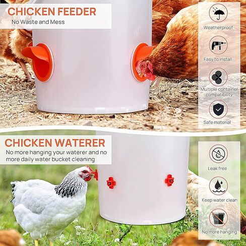 مجموعة أدوات تغذية الدجاج ومياه الدجاج الأوتوماتيكية من Diggtek بدون نفايات، 6 منافذ مع 6 حلمات مياه للدجاج، مجموعة أدوات تغذية الدواجن المقاومة للقوارض والمطر للدلاء والبراميل والصناديق والأحواض in Kuwait