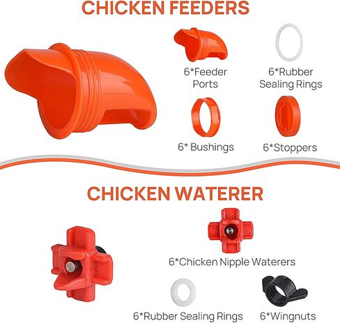 مجموعة أدوات تغذية الدجاج ومياه الدجاج الأوتوماتيكية من Diggtek بدون نفايات، 6 منافذ مع 6 حلمات مياه للدجاج، مجموعة أدوات تغذية الدواجن المقاومة للقوارض والمطر للدلاء والبراميل والصناديق والأحواض in Kuwait