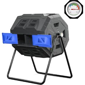 SQUEEZE master Large Compost Tumbler Bin - Outdoor Garden Rotating with thermometer -Automatic temperature measurement-Sturdy Steel Frame - 43Gallon (2-21.5Gal)- Green Door