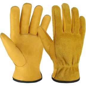 OZERO Leather Work Gloves Flex Grip Tough Cowhide Gardening Glove for Wood Cutting/Construction/Truck Driving/Garden/Yard Working for Men and Women 1 Pair (Gold,Small)