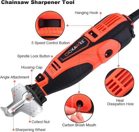 GOXAWEE Chainsaw Sharpener Kit 180W Power Chain Saw Sharpen Tool Set Comes with 6 File Size Diamond Sharpening Wheels, Angle Attachment (Electric Blade Sharpening File 5 Speed Setting, 8000~35000 RPM) in Kuwait