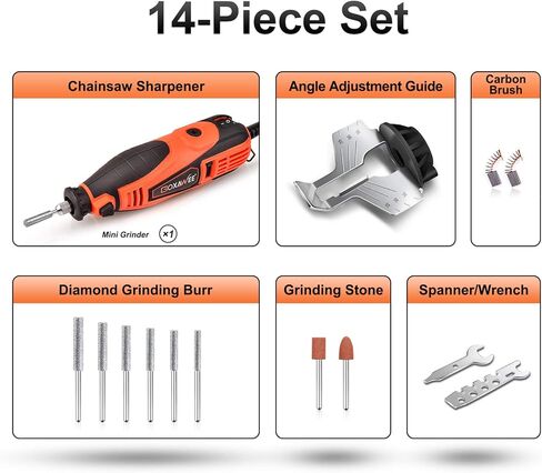 GOXAWEE Chainsaw Sharpener Kit 180W Power Chain Saw Sharpen Tool Set Comes with 6 File Size Diamond Sharpening Wheels, Angle Attachment (Electric Blade Sharpening File 5 Speed Setting, 8000~35000 RPM) in Kuwait