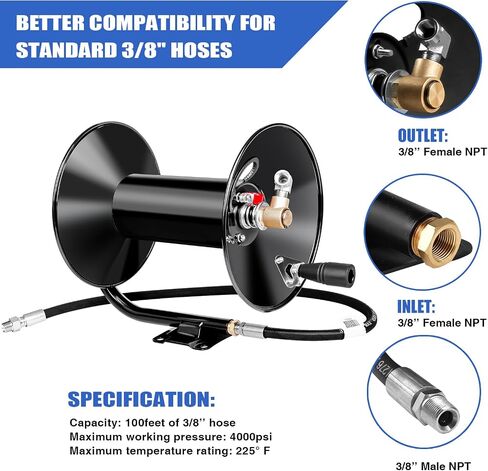 MEKOH 100ft, 4000 PSI Heavy Duty Power Washer Hose Reel Wall Mounted, Metal Hose Reel Hand Crank, Outdoor Hose Reel for Air/Liquid/Water Use in Saudi Arabia