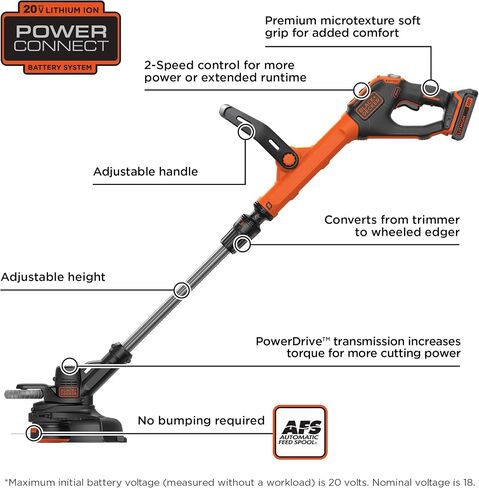 BLACK+DECKER 20V MAX String Trimmer/Edger with Extra Lithium Battery 2.0 Amp Hour (LSTE525 & LBXR2020-OPE) in Saudi Arabia