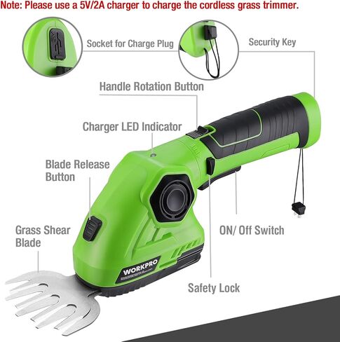 WORKPRO Cordless Grass Shear & Shrubbery Trimmer - 2 in 1 Handheld Hedge Trimmer 7.2V Electric Grass Cutter 2.0Ah Rechargeable Lithium-Ion Battery and USB Cable Included in Kuwait