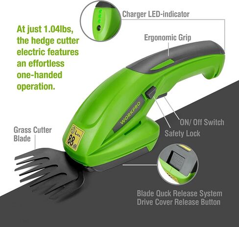 WORKPRO Cordless Grass Shear & Shrubbery Trimmer - 2 in 1 Handheld Hedge Trimmer 7.2V Electric Grass Trimmer Hedge Shears/Grass Cutter Rechargeable Lithium-Ion Battery and Charger Included in Saudi Arabia