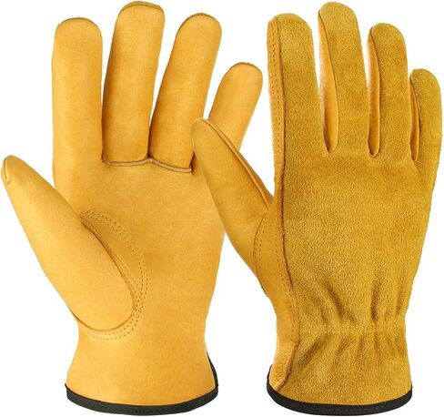 OZERO Leather Work Gloves Flex Grip Tough Cowhide Gardening Glove for Wood Cutting/Construction/Truck Driving/Garden/Yard Working for Men and Women 1 Pair (Gold,Small) in Saudi Arabia