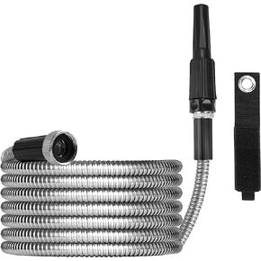 25ft Garden Hose Made by Metal with Super Tough and Soft Water Hose, Household Stainless Steel Hose, Durable Metal Hose with Adjustable Nozzle, No Kinks and Tangles, Easy to Store with Storage Strap