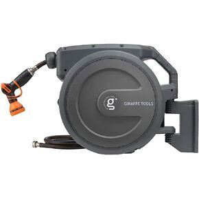 Giraffe Tools Metal Retractable Hose Reel 130FT Wall Mounted Heavy Duty Hose Reel with 9 Pattern Nozzle 180 Deg Swivel, Metal Bracket Any Length Lock (1/2 130FT PRO, Dark Grey)