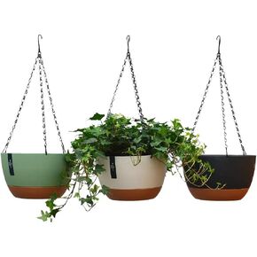 2 Pack Plastic Hanging Planters 10 Inch Hanging Pots with Drainage Hole for Indoor Outdoor Plants, Round Hanging Basket with Removable Tray for Home Garden Porch Balcony Patio Decor