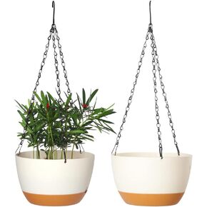 2 Pack Plastic Hanging Planters 10 Inch Hanging Pots with Drainage Hole for Indoor Outdoor Plants, Round Hanging Basket with Removable Tray for Home Garden Porch Balcony Patio Decor