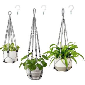 Mkono 3 عبوات من شماعات نباتات Macrame في الأماكن المغلقة بحجم مختلف للتعليق، حامل وعاء الزهور مع خرز بدون شرابات، 35 بوصة/29 بوصة/23 بوصة، متوسط، عاجي