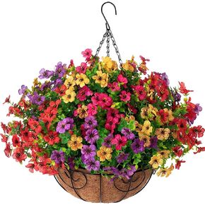 Artificial Fake Hanging Plants Flowers with Basket Outdoor Decor Faux Silk Daisy Flower Arrangements in Pot Planter for Porch Home Indoor Patio Garden Yard Decoration, Blue in Kuwait
