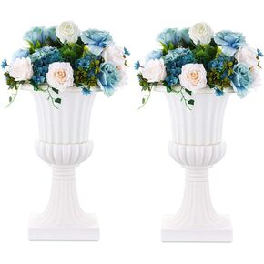 NUPTIO 2 Pcs Classic Urn Planter, 10.23 inches Height Plastic Outdoor Urn, Pedestal Plastic Planter for Garden Front Porch Door, White