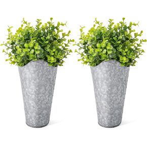 Dahey 2 Pack Galvanized Metal Wall Planter with Artificial Eucalyptus Farmhouse Decor Hanging Wall Vase Planters Flowers Holder for Country Rustic Home Wall Decor,Silver