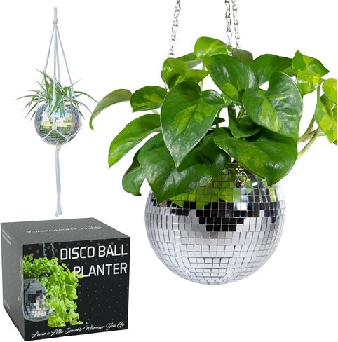 SCANDINORDICA Disco Ball Planter – Disco Ball Plant Hanger, Mirrorball Disco Planter with Chain and Macrame Hanger, Hanging Planters for Indoor Plants | 6 inch Silver in Saudi Arabia