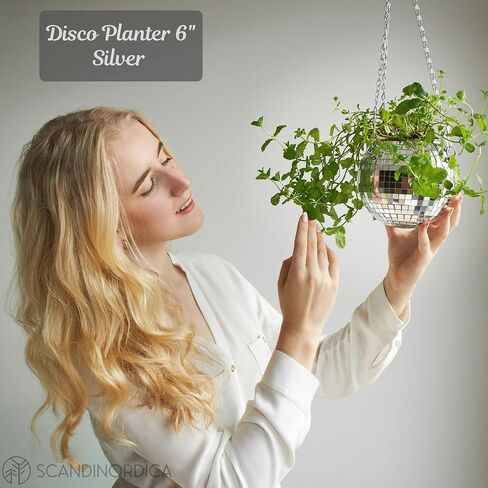 SCANDINORDICA Disco Ball Planter – Disco Ball Plant Hanger, Mirrorball Disco Planter with Chain and Macrame Hanger, Hanging Planters for Indoor Plants | 6 inch Silver in Saudi Arabia