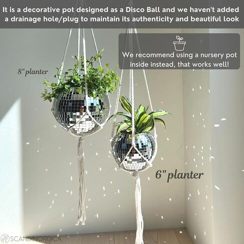 SCANDINORDICA Disco Ball Planter – Disco Ball Plant Hanger, Mirrorball Disco Planter with Chain and Macrame Hanger, Hanging Planters for Indoor Plants | 6 inch Silver in Saudi Arabia