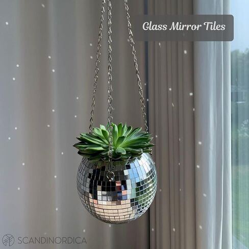 SCANDINORDICA Disco Ball Planter – Disco Ball Plant Hanger, Mirrorball Disco Planter with Chain and Macrame Hanger, Hanging Planters for Indoor Plants | 6 inch Silver in Saudi Arabia