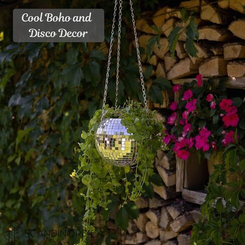 SCANDINORDICA Disco Ball Planter – Disco Ball Plant Hanger, Mirrorball Disco Planter with Chain and Macrame Hanger, Hanging Planters for Indoor Plants | 6 inch Silver in Saudi Arabia