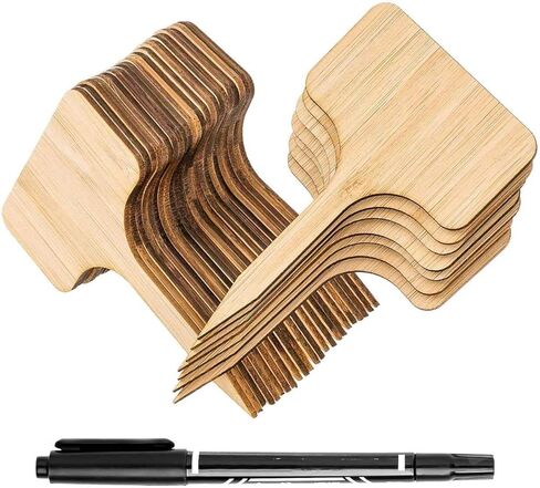 Boxgear 50pcs Bamboo Plant Labels (T-Type) with a Marker Pen, Garden Markers, Plant Tags, Wooden Plant Sign, Gardening Accessories, Garden Markers for Seed Potted Herbs Flowers Vegetables in Kuwait