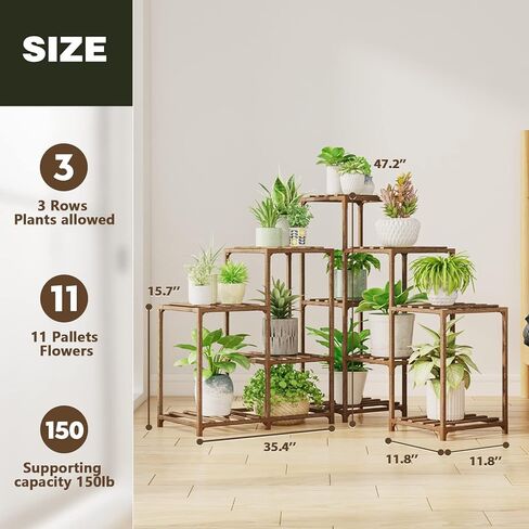 Bamworld حامل نباتات خارجي، رف نباتات زاوية داخلي، 11 حامل نباتات كبير بوعاء لنباتات متعددة، حامل نباتات خشبي طويل القامة، حامل نباتات طاولة نباتية لحديقة الفناء ونافذة الحديقة in Kuwait