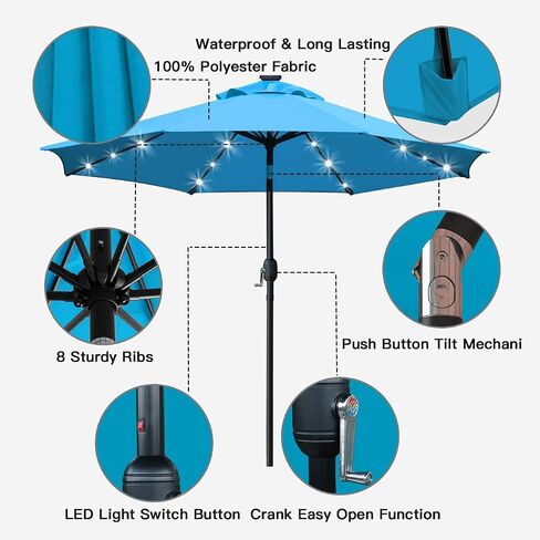 Sunnyglade 9' Solar LED Lighted Patio Umbrella with 8 Ribs/Tilt Adjustment and Crank Lift System (Black) in Saudi Arabia