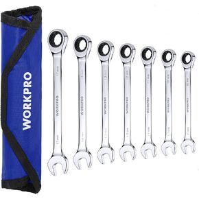 WORKPRO 7-Piece Ratcheting Combination Wrench Set, 72 Teeth, Cr-V Constructed, Combo Ratchet Wrenches Set with Roll Up Pouch, Metric 8mm-17mm