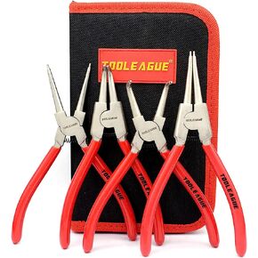 TOOLEAGUE 4 Pcs Mini Snap Ring Pliers Set, Circlip Pliers, 5 inches Internal/External Heavy Duty for Ring Remover Retaining Straight Bent Lock Ring Pliers Set (5 inches, red)