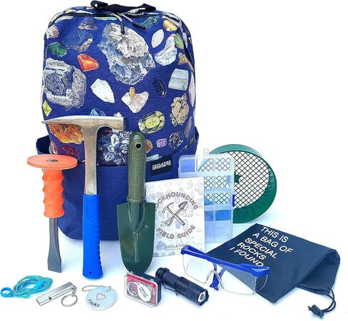 أدوات Rockhounding - مجموعة مطرقة اختيار الصخور الجيولوجية مع دليل ميداني لصيد الصخور مكون من 32 صفحة - حقيبة ظهر لحمل الإزميل ومجموعة الاختيار - هدايا الجيولوجيا للأطفال والكبار - مطرقة الصخور - معدات تعدين الذهب in Kuwait