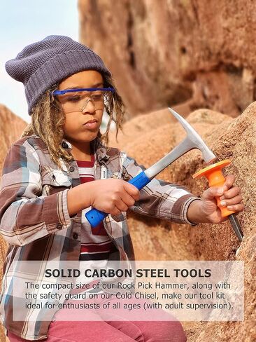 أدوات Rockhounding - مجموعة مطرقة اختيار الصخور الجيولوجية مع دليل ميداني لصيد الصخور مكون من 32 صفحة - حقيبة ظهر لحمل الإزميل ومجموعة الاختيار - هدايا الجيولوجيا للأطفال والكبار - مطرقة الصخور - معدات تعدين الذهب in Kuwait