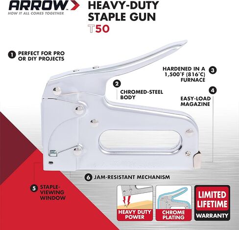 أداة المطرقة الثقيلة Arrow HT50، دباسة يدوية من الفولاذ المطلي بالكروم مع مقبض محكم الإمساك، مجلة تحميل خلفي مزدوجة السعة، تناسب دبابيس مقاس 5/16 بوصة، 3/8 بوصة، أو 1/2 بوصة in Kuwait